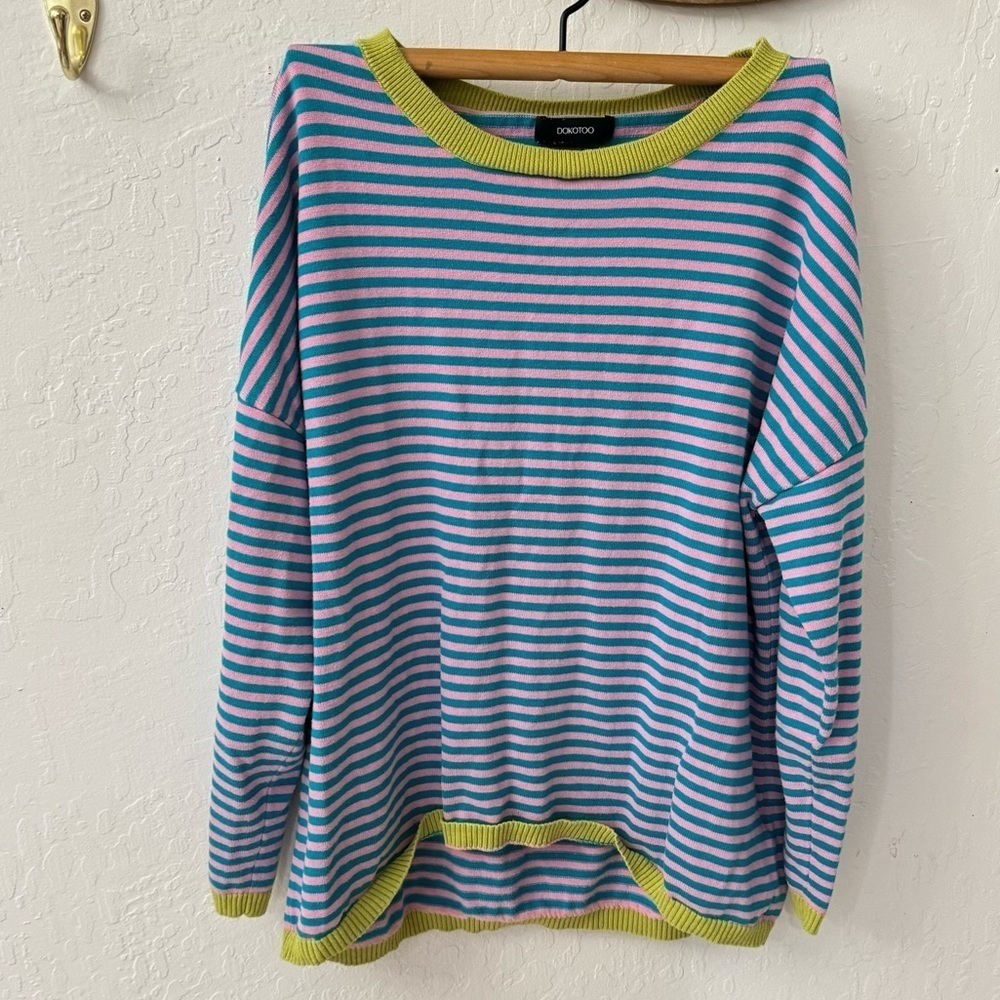 Pink blue green striped pull over loose knit sweater size large cotton - Picture 2 of 5